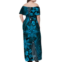 Vintage Tonga Tribal Ngatu Pattern Off Shoulder Maxi Dress With Pacific Floral Aqua Art