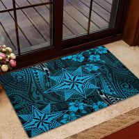 Vintage Tonga Tribal Ngatu Pattern Rubber Doormat With Pacific Floral Aqua Art