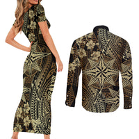 Vintage Tonga Tribal Ngatu Pattern Couples Matching Short Sleeve Bodycon Dress and Long Sleeve Button Shirt With Pacific Floral Brown Art