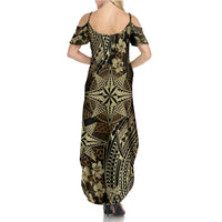 Vintage Tonga Tribal Ngatu Pattern Summer Maxi Dress With Pacific Floral Brown Art