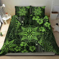 Vintage Tonga Tribal Ngatu Pattern Bedding Set With Pacific Floral Lime Green Art