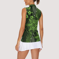 Vintage Tonga Tribal Ngatu Pattern Women Sleeveless Polo Shirt With Pacific Floral Lime Green Art