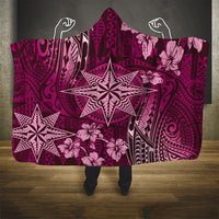 Vintage Tonga Tribal Ngatu Pattern Hooded Blanket With Pacific Floral Pink Art