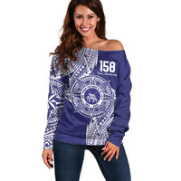 Personalised Tonga Tupou College Tolo 158th Anniversary Off Shoulder Sweater Special Kupesi Pattern LT9 Women Blue - Polynesian Pride