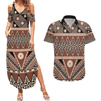 Vintage Bula Fiji Couples Matching Summer Maxi Dress and Hawaiian Shirt Brown Tapa Masi Motif