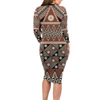 Vintage Bula Fiji Long Sleeve Bodycon Dress Brown Tapa Masi Motif