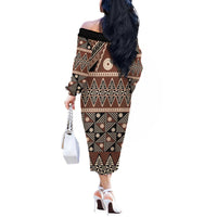 Vintage Bula Fiji Off The Shoulder Long Sleeve Dress Brown Tapa Masi Motif LT9 - Polynesian Pride