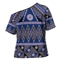 Vintage Bula Fiji Cross Shoulder Shirt Prussian Blue Tapa Masi Motif - Polynesian Pride