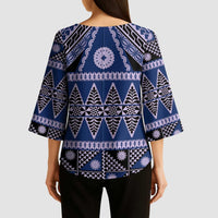 Vintage Bula Fiji Kimono Sleeve Blouse Prussian Blue Tapa Masi Motif - Polynesian Pride
