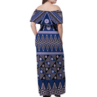 Vintage Bula Fiji Off Shoulder Maxi Dress Prussian Blue Tapa Masi Motif