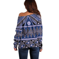 Vintage Bula Fiji Off Shoulder Sweater Prussian Blue Tapa Masi Motif