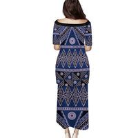 Vintage Bula Fiji Puletasi Prussian Blue Tapa Masi Motif