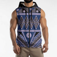 Vintage Bula Fiji Sleeveless Zip Hoodie Prussian Blue Tapa Masi Motif LT9 - Polynesian Pride