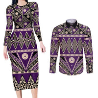 Vintage Bula Fiji Couples Matching Long Sleeve Bodycon Dress and Long Sleeve Button Shirt Purple Tapa Masi Motif