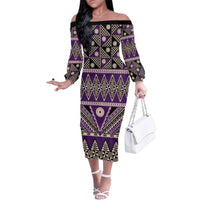 Vintage Bula Fiji Family Matching Off The Shoulder Long Sleeve Dress and Hawaiian Shirt Purple Tapa Masi Motif