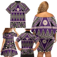 Vintage Bula Fiji Family Matching Off Shoulder Short Dress and Hawaiian Shirt Purple Tapa Masi Motif