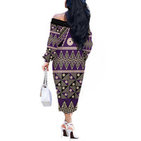 Vintage Bula Fiji Off The Shoulder Long Sleeve Dress Purple Tapa Masi Motif LT9 - Polynesian Pride