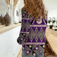Vintage Bula Fiji Women Casual Shirt Purple Tapa Masi Motif