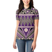 Vintage Bula Fiji Women Polo Shirt Purple Tapa Masi Motif