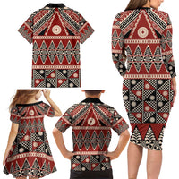 Vintage Bula Fiji Family Matching Long Sleeve Bodycon Dress and Hawaiian Shirt Red Tapa Masi Motif
