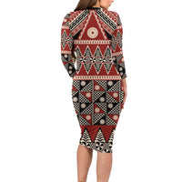 Vintage Bula Fiji Family Matching Long Sleeve Bodycon Dress and Hawaiian Shirt Red Tapa Masi Motif