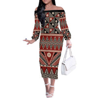 Vintage Bula Fiji Off The Shoulder Long Sleeve Dress Red Tapa Masi Motif LT9 Women Red - Polynesian Pride