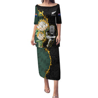 Custom South Africa Protea and New Zealand Puletasi Go All Black-Springboks Rugby with Kente And Maori LT9 Long Dress Black Green - Polynesian Pride