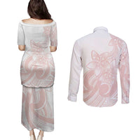 Polynesian Tribal Plumeria Lotu Tamaiti Couples Matching Puletasi and Long Sleeve Button Shirt Pastel Blush LT9 - Polynesian Pride