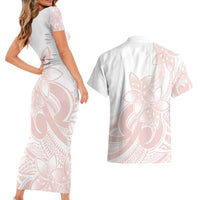 Polynesian Tribal Plumeria Lotu Tamaiti Couples Matching Short Sleeve Bodycon Dress and Hawaiian Shirt Pastel Blush - Polynesian Pride