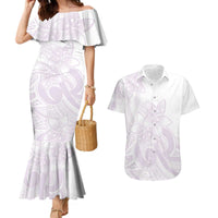 Polynesian Tribal Plumeria Lotu Tamaiti Couples Matching Mermaid Dress and Hawaiian Shirt Pastel Mauve - Polynesian Pride