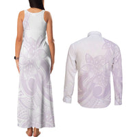 Polynesian Tribal Plumeria Lotu Tamaiti Couples Matching Tank Maxi Dress and Long Sleeve Button Shirt Pastel Mauve - Polynesian Pride