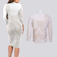Polynesian Tribal Plumeria Lotu Tamaiti Couples Matching Long Sleeve Bodycon Dress and Long Sleeve Button Shirt Pastel Nude LT9 - Polynesian Pride