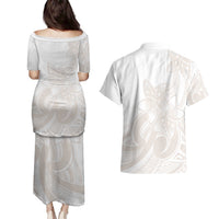 Polynesian Tribal Plumeria Lotu Tamaiti Couples Matching Puletasi and Hawaiian Shirt Pastel Nude - Polynesian Pride