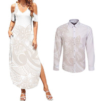 Polynesian Tribal Plumeria Lotu Tamaiti Couples Matching Summer Maxi Dress and Long Sleeve Button Shirt Pastel Nude - Polynesian Pride