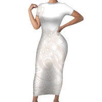 Polynesian Tribal Plumeria Lotu Tamaiti Short Sleeve Bodycon Dress Pastel Nude - Polynesian Pride