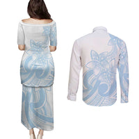 Polynesian Tribal Plumeria Lotu Tamaiti Couples Matching Puletasi and Long Sleeve Button Shirt Pastel Sky Blue LT9 - Polynesian Pride