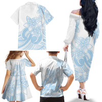 Polynesian Tribal Plumeria Lotu Tamaiti Family Matching Off The Shoulder Long Sleeve Dress and Hawaiian Shirt Pastel Sky Blue - Polynesian Pride