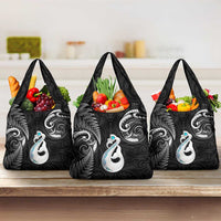 Black New Zealand Grocery Bag Aotearoa Silver Fern With Manaia Maori LT14 3-pack One Size Black - Polynesian Pride