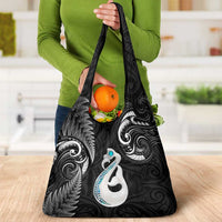 Black New Zealand Grocery Bag Aotearoa Silver Fern With Manaia Maori LT14 - Polynesian Pride