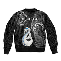 Personalised New Zealand Sleeve Zip Bomber Jacket Aotearoa Silver Fern With Manaia Maori Unique Black LT14 - Polynesian Pride