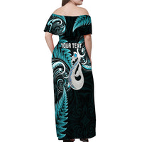 Personalised New Zealand Off Shoulder Maxi Dress Aotearoa Silver Fern With Manaia Maori Unique Turquoise LT14 - Polynesian Pride