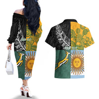 Personalised Rugby 2025 Championship Couples Matching Off The Shoulder Long Sleeve Dress and Hawaiian Shirt Combination of Southern Hemisphere Countries - Polynesian Pride