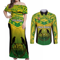 Custom Papua New Guinea Rugby Couples Matching Off Shoulder Maxi Dress and Long Sleeve Button Shirts Enga Mioks PNG Polynesian Pattern LT14 Green - Polynesian Pride