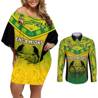Custom Papua New Guinea Rugby Couples Matching Off Shoulder Short Dress and Long Sleeve Button Shirts Enga Mioks PNG Polynesian Pattern LT14 Green - Polynesian Pride