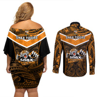 Papua New Guinea Rugby Couples Matching Off Shoulder Short Dress and Long Sleeve Button Shirts Lae Snax Tigers PNG Polynesian Pattern LT14 - Polynesian Pride