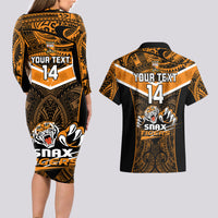 Custom Papua New Guinea Rugby Couples Matching Long Sleeve Bodycon Dress and Hawaiian Shirt Lae Snax Tigers PNG Polynesian Pattern LT14 - Polynesian Pride