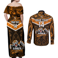Custom Papua New Guinea Rugby Couples Matching Off Shoulder Maxi Dress and Long Sleeve Button Shirts Lae Snax Tigers PNG Polynesian Pattern LT14 - Polynesian Pride