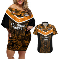 Custom Papua New Guinea Rugby Couples Matching Off Shoulder Short Dress and Hawaiian Shirt Lae Snax Tigers PNG Polynesian Pattern LT14 Orange - Polynesian Pride