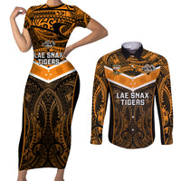 Custom Papua New Guinea Rugby Couples Matching Short Sleeve Bodycon Dress and Long Sleeve Button Shirts Lae Snax Tigers PNG Polynesian Pattern LT14 Orange - Polynesian Pride