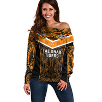Custom Papua New Guinea Rugby Off Shoulder Sweater Lae Snax Tigers PNG Polynesian Pattern LT14 Women Orange - Polynesian Pride